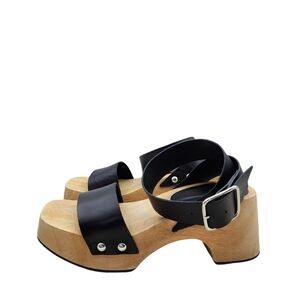 Zara Women's Leather Chunky Heel Ankle Straps Wooden Platform Sandals - 39